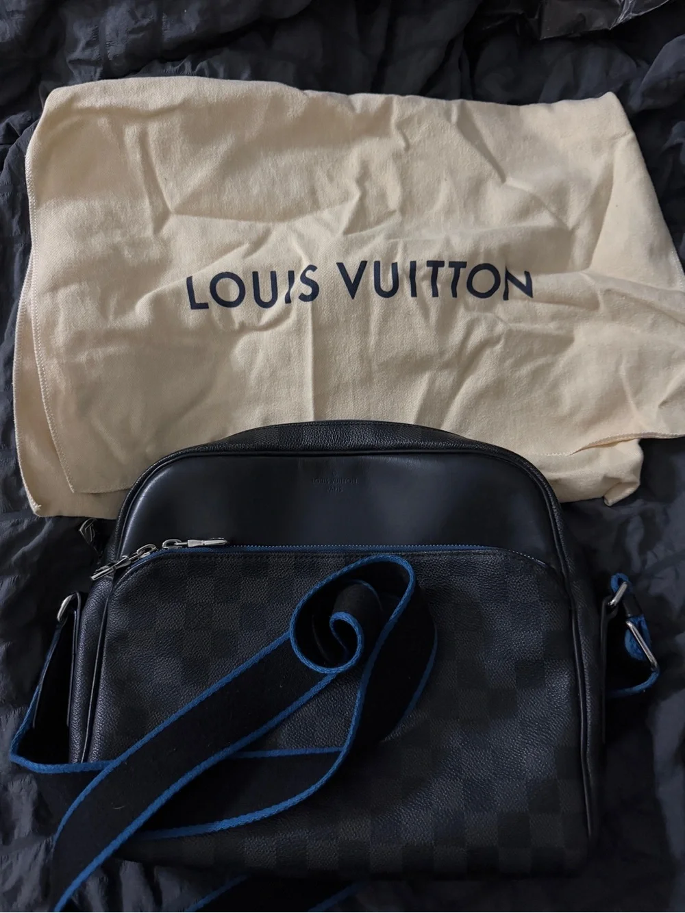 Louis Vuitton Damier Graphite Dayton PM Messenger Bag with Blue Trim